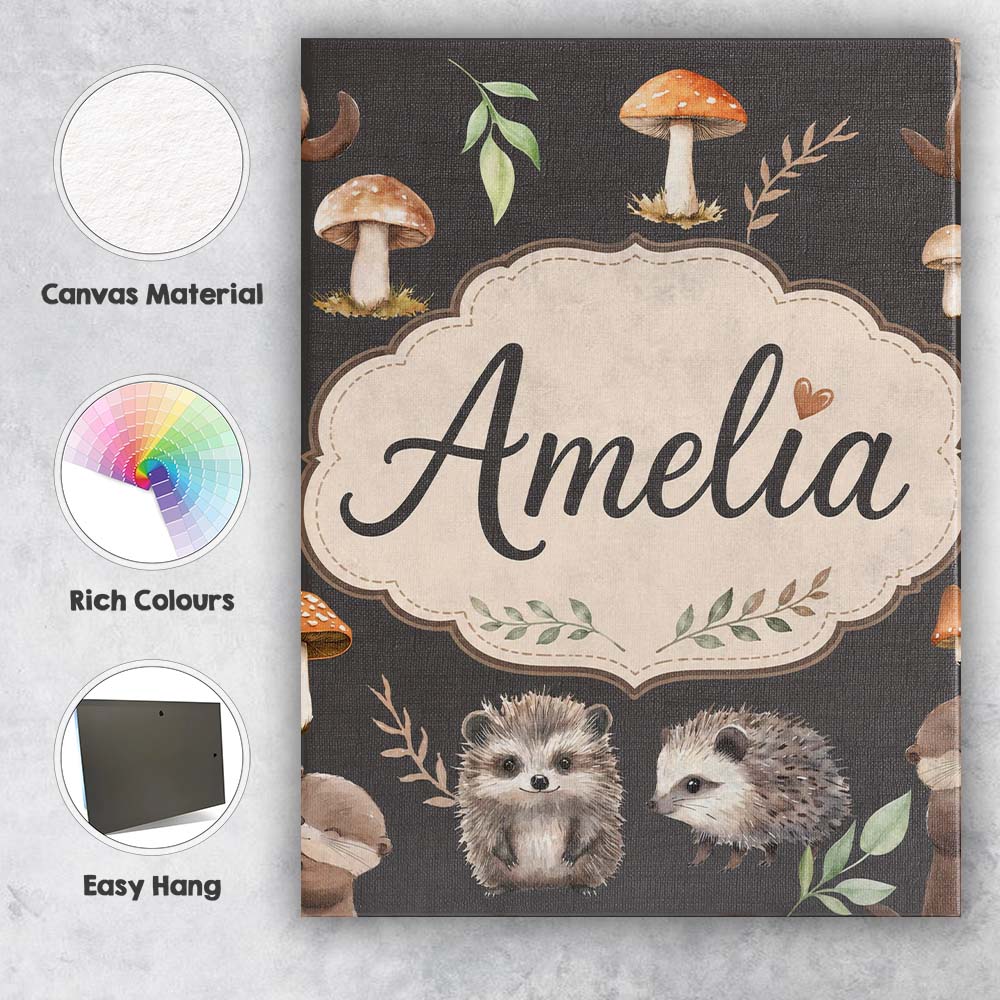 Personalised Name Cute Woodland Hedgehog Custom  Unique Gift Idea Elegant Feature Canvas Wall Art Print Decor Picture Ready to Hang