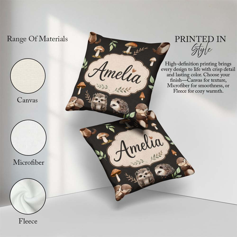 Custom Name Woodland Hedgehog Leaves Seamless Pattern Dark Brown Square Filled Cushion Throw Pillow Sofa Bed Home Decor Zip Washable UK Made