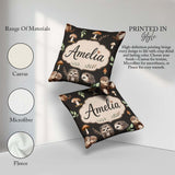 Custom Name Woodland Hedgehog Leaves Seamless Pattern Dark Brown Square Filled Cushion Throw Pillow Sofa Bed Home Decor Zip Washable UK Made