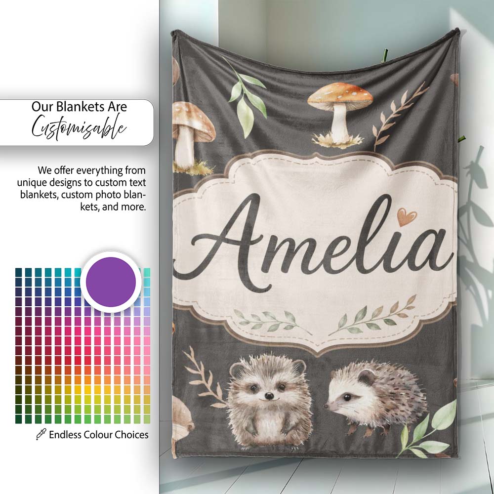 Cute Woodland Hedgehog Mushrooms Leaves Seamless Pattern Dark Brown  Personalised Custom Name Super Soft Fleece Blanket Bed Sofa Throw