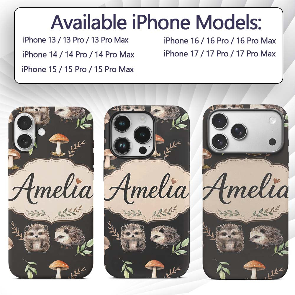 Cute Woodland Hedgehog Mushrooms Leaves Seamless Custom Name Protective Phone Case Mobile Cover Durable Everyday Smartphone Shock Resistant