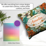 Custom Name Tropical Floral Leaves Blue Seamless Pattern Lovely Square Filled Cushion Throw Pillow Sofa Bed Home Decor Zip Washable UK Made