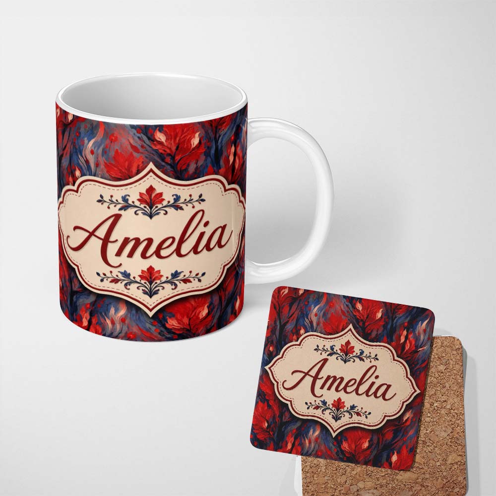 Personalized Custom Name Dark Red Floral Abstract Brush Texture Seamless Pattern Lovely 11oz Ceramic Coffee Tea Mug White Large Handle
