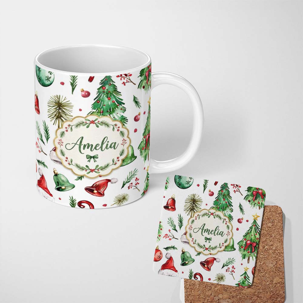 Personalized Custom Name Watercolor Christmas Tree Bell Santa Hat Holiday Seamless Pattern 11oz Ceramic Coffee Tea Mug White Large Handle