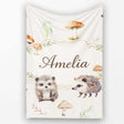 Cute Woodland Hedgehog Mushrooms Leaves Seamless Soft Grey  Personalised Custom Name Super Soft Fleece Blanket Bed Sofa Throw