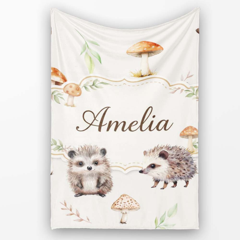 Cute Woodland Hedgehog Mushrooms Leaves Seamless Soft Grey  Personalised Custom Name Super Soft Fleece Blanket Bed Sofa Throw
