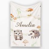 Cute Woodland Hedgehog Mushrooms Leaves Seamless Soft Grey  Personalised Custom Name Super Soft Fleece Blanket Bed Sofa Throw