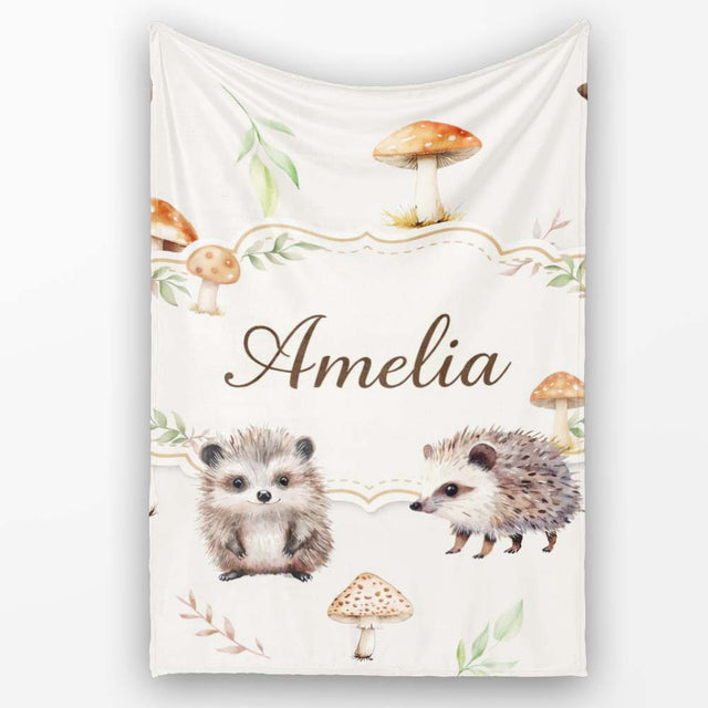 Cute Woodland Hedgehog Mushrooms Leaves Seamless Soft Grey  Personalised Custom Name Super Soft Fleece Blanket Bed Sofa Throw