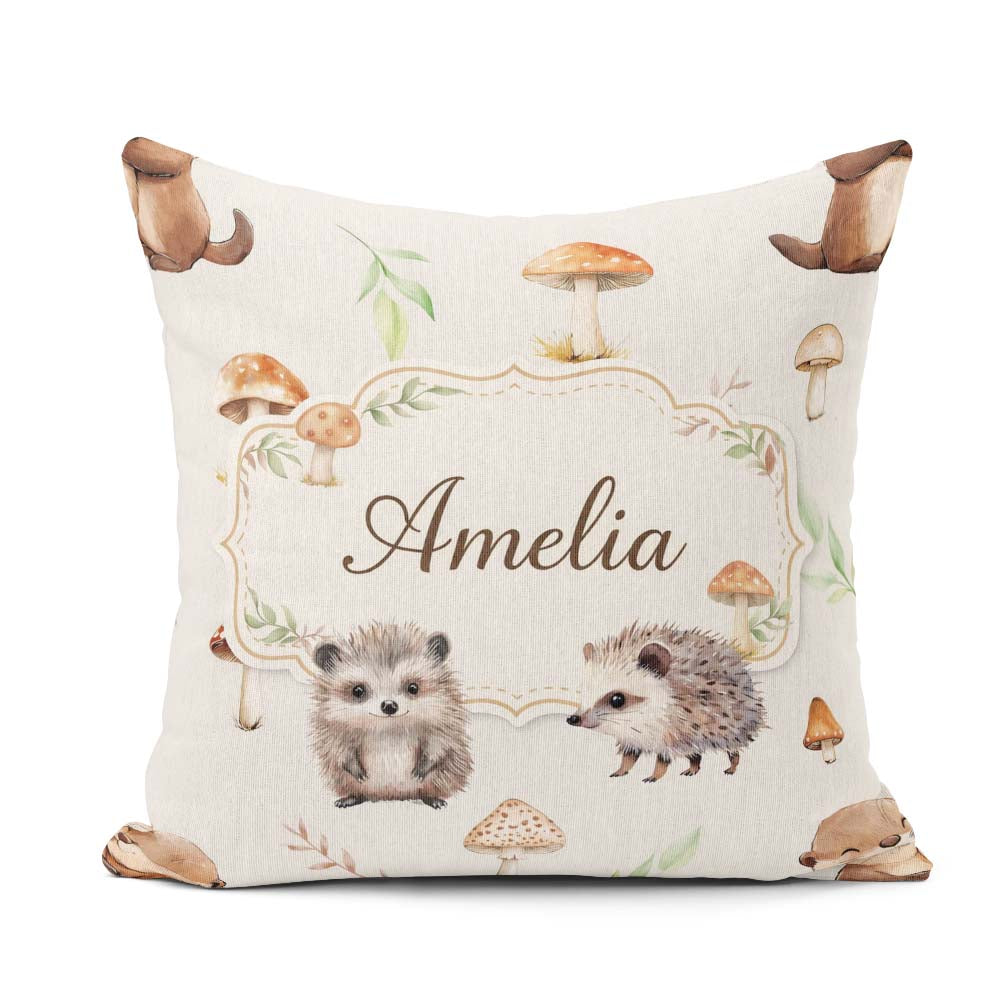 Custom Name Cute Woodland Hedgehog Mushrooms Seamless Soft Grey Square Filled Cushion Throw Pillow Sofa Bed Home Decor Zip Washable UK Made
