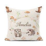Custom Name Cute Woodland Hedgehog Mushrooms Seamless Soft Grey Square Filled Cushion Throw Pillow Sofa Bed Home Decor Zip Washable UK Made