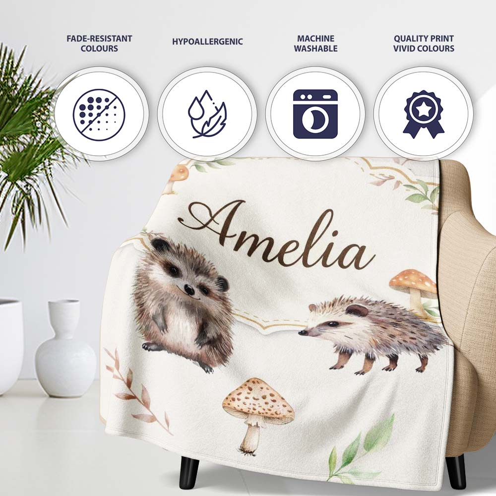 Cute Woodland Hedgehog Mushrooms Leaves Seamless Soft Grey  Personalised Custom Name Super Soft Fleece Blanket Bed Sofa Throw