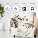 Cute Woodland Hedgehog Mushrooms Leaves Seamless Soft Grey  Personalised Custom Name Super Soft Fleece Blanket Bed Sofa Throw