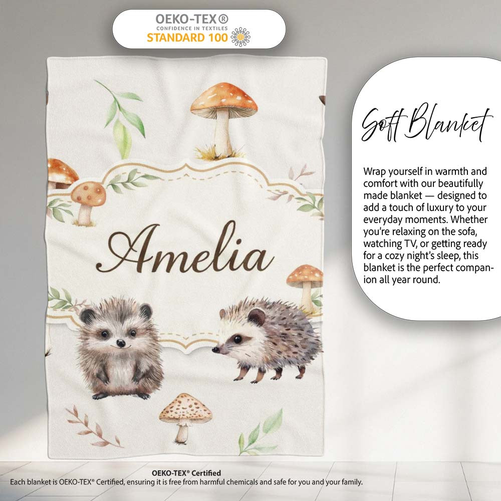 Cute Woodland Hedgehog Mushrooms Leaves Seamless Soft Grey  Personalised Custom Name Super Soft Fleece Blanket Bed Sofa Throw