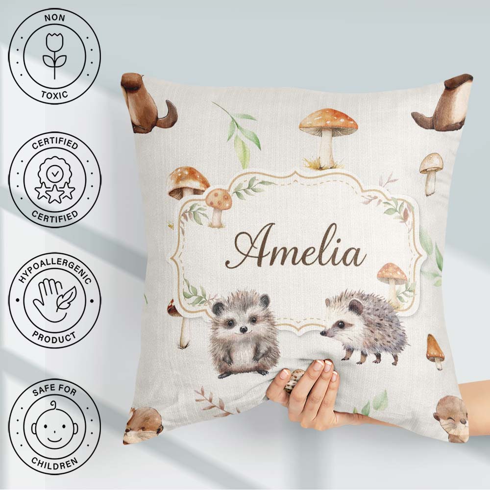 Custom Name Cute Woodland Hedgehog Mushrooms Seamless Soft Grey Square Filled Cushion Throw Pillow Sofa Bed Home Decor Zip Washable UK Made