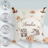 Custom Name Cute Woodland Hedgehog Mushrooms Seamless Soft Grey Square Filled Cushion Throw Pillow Sofa Bed Home Decor Zip Washable UK Made