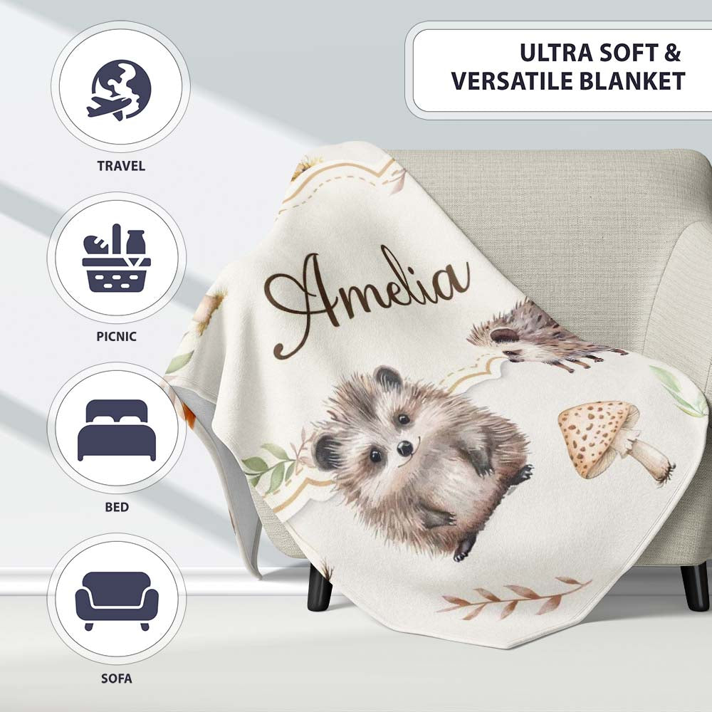 Cute Woodland Hedgehog Mushrooms Leaves Seamless Soft Grey  Personalised Custom Name Super Soft Fleece Blanket Bed Sofa Throw