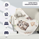 Cute Woodland Hedgehog Mushrooms Leaves Seamless Soft Grey  Personalised Custom Name Super Soft Fleece Blanket Bed Sofa Throw