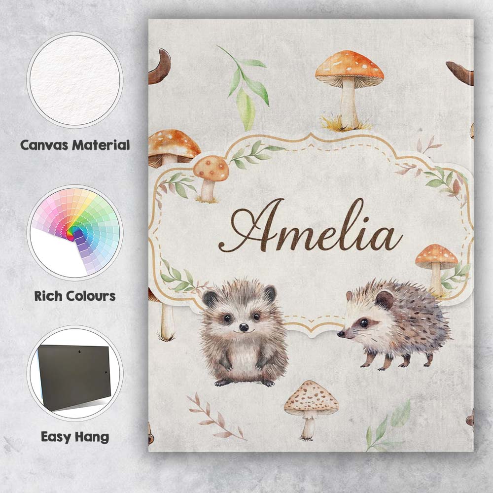 Personalised Name Cute Woodland Hedgehog Custom  Unique Gift Idea Elegant Feature Canvas Wall Art Print Decor Picture Ready to Hang