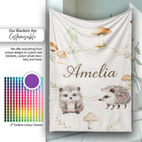 Cute Woodland Hedgehog Mushrooms Leaves Seamless Soft Grey  Personalised Custom Name Super Soft Fleece Blanket Bed Sofa Throw