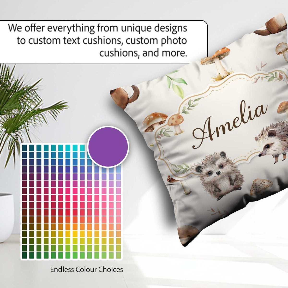 Custom Name Cute Woodland Hedgehog Mushrooms Seamless Soft Grey Square Filled Cushion Throw Pillow Sofa Bed Home Decor Zip Washable UK Made
