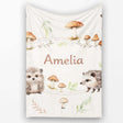 Cute Woodland Hedgehog Mushrooms Leaves Seamless Pattern Warm Beige  Personalised Custom Name Super Soft Fleece Blanket Bed Sofa Throw