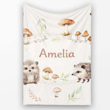Cute Woodland Hedgehog Mushrooms Leaves Seamless Pattern Warm Beige  Personalised Custom Name Super Soft Fleece Blanket Bed Sofa Throw