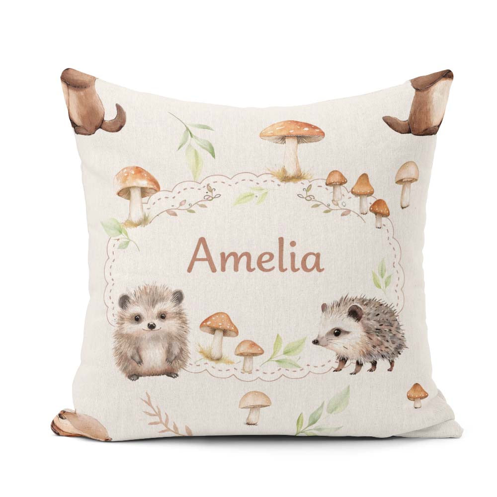Custom Name Woodland Hedgehog Leaves Seamless Pattern Warm Beige Square Filled Cushion Throw Pillow Sofa Bed Home Decor Zip Washable UK Made