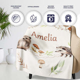 Cute Woodland Hedgehog Mushrooms Leaves Seamless Pattern Warm Beige  Personalised Custom Name Super Soft Fleece Blanket Bed Sofa Throw