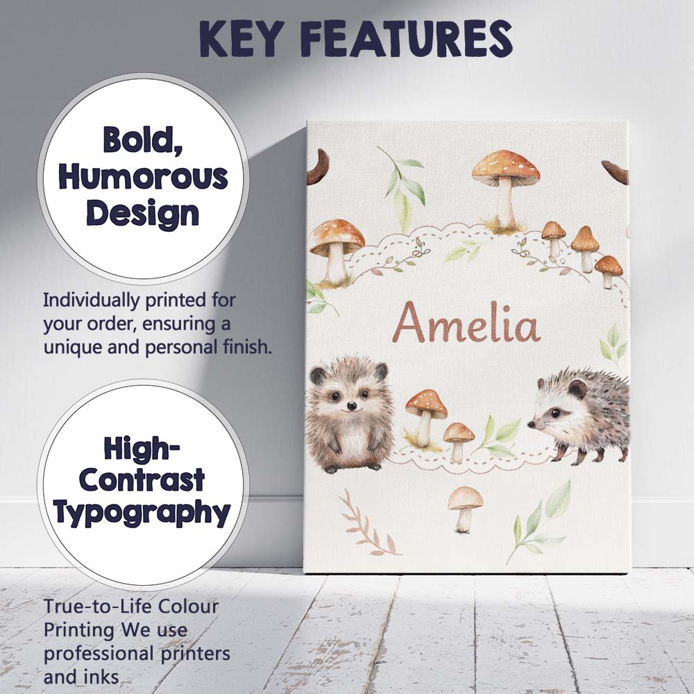 Personalised Name Cute Woodland Hedgehog Custom  Unique Gift Idea Elegant Feature Canvas Wall Art Print Decor Picture Ready to Hang