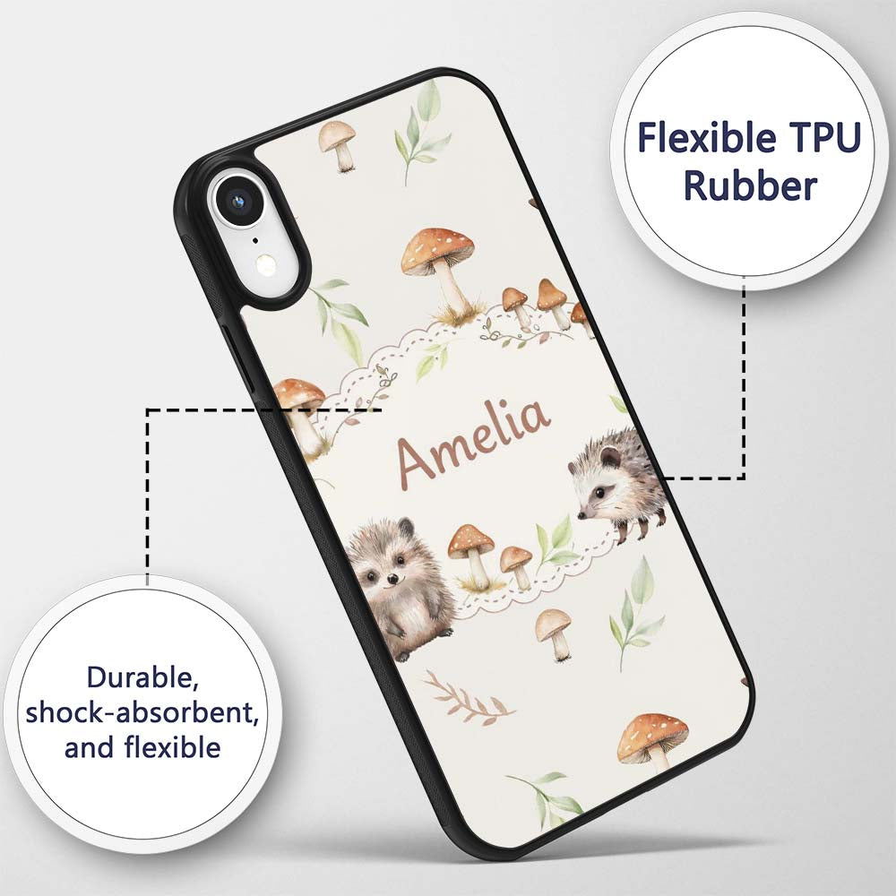 Cute Woodland Hedgehog Mushrooms Leaves Seamless Custom Name Protective Phone Case Mobile Cover Durable Everyday Smartphone Shock Resistant