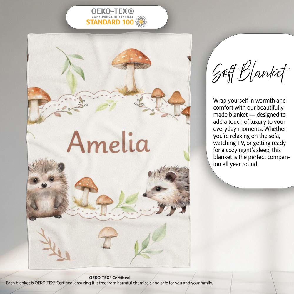 Cute Woodland Hedgehog Mushrooms Leaves Seamless Pattern Warm Beige  Personalised Custom Name Super Soft Fleece Blanket Bed Sofa Throw