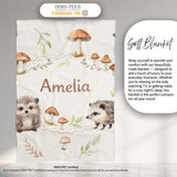 Cute Woodland Hedgehog Mushrooms Leaves Seamless Pattern Warm Beige  Personalised Custom Name Super Soft Fleece Blanket Bed Sofa Throw
