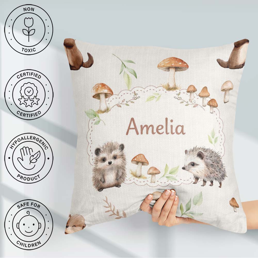 Custom Name Woodland Hedgehog Leaves Seamless Pattern Warm Beige Square Filled Cushion Throw Pillow Sofa Bed Home Decor Zip Washable UK Made