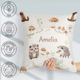 Custom Name Woodland Hedgehog Leaves Seamless Pattern Warm Beige Square Filled Cushion Throw Pillow Sofa Bed Home Decor Zip Washable UK Made