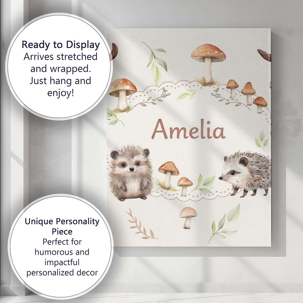 Personalised Name Cute Woodland Hedgehog Custom  Unique Gift Idea Elegant Feature Canvas Wall Art Print Decor Picture Ready to Hang
