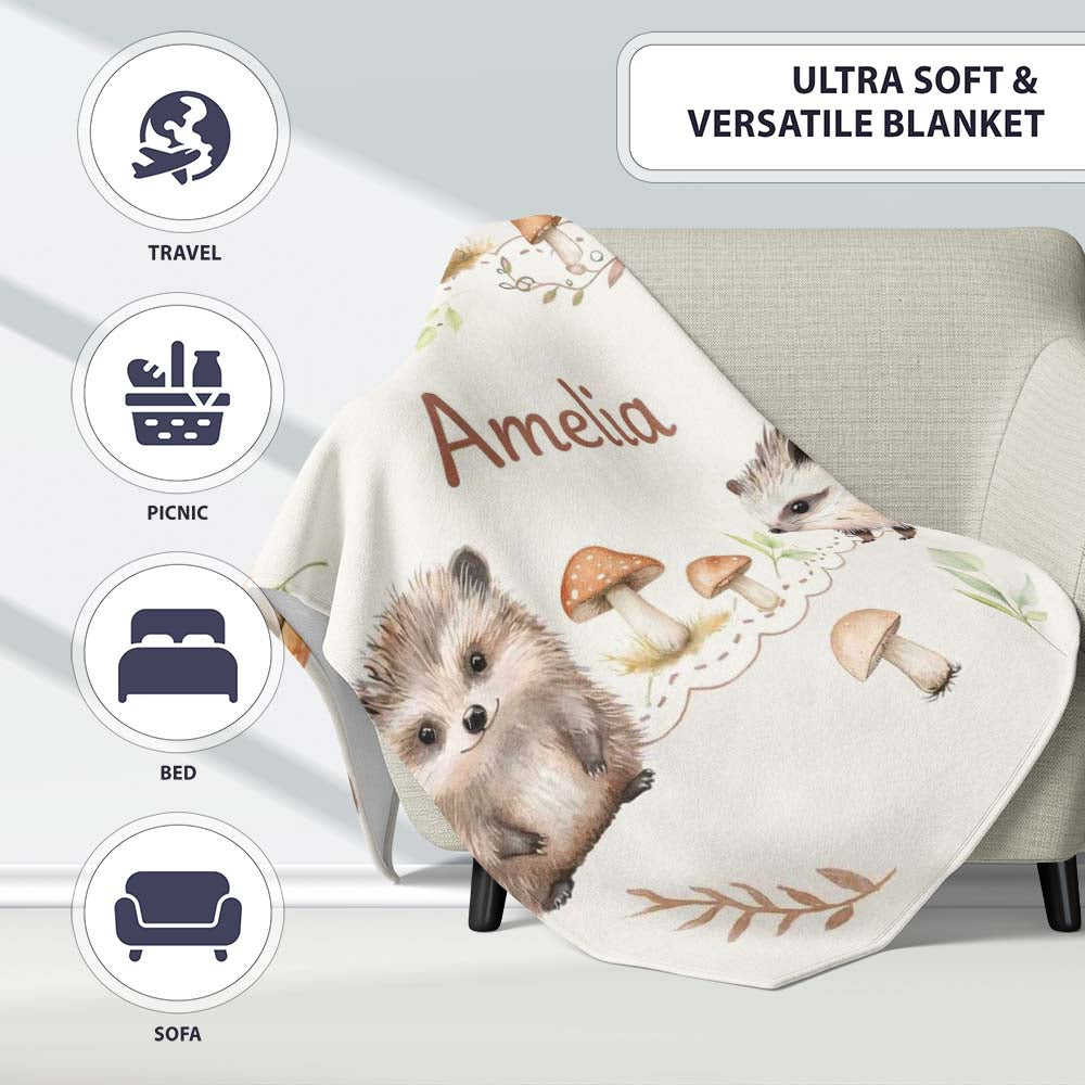 Cute Woodland Hedgehog Mushrooms Leaves Seamless Pattern Warm Beige  Personalised Custom Name Super Soft Fleece Blanket Bed Sofa Throw