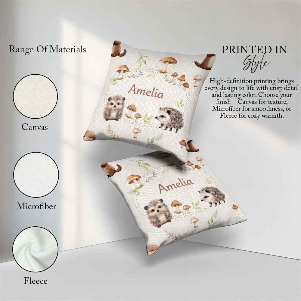 Custom Name Woodland Hedgehog Leaves Seamless Pattern Warm Beige Square Filled Cushion Throw Pillow Sofa Bed Home Decor Zip Washable UK Made