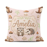 Custom Name Woodland Hedgehog Leaves Seamless Pattern Sage Green Square Filled Cushion Throw Pillow Sofa Bed Home Decor Zip Washable UK Made