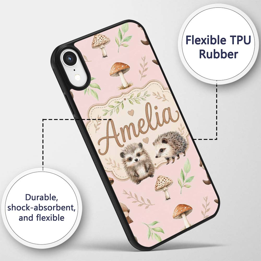 Cute Woodland Hedgehog Mushrooms Leaves Seamless Custom Name Protective Phone Case Mobile Cover Durable Everyday Smartphone Shock Resistant
