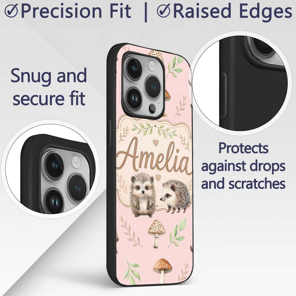 Cute Woodland Hedgehog Mushrooms Leaves Seamless Custom Name Protective Phone Case Mobile Cover Durable Everyday Smartphone Shock Resistant