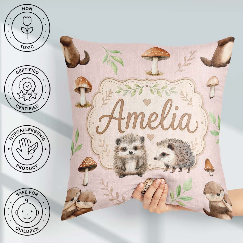 Custom Name Woodland Hedgehog Leaves Seamless Pattern Sage Green Square Filled Cushion Throw Pillow Sofa Bed Home Decor Zip Washable UK Made