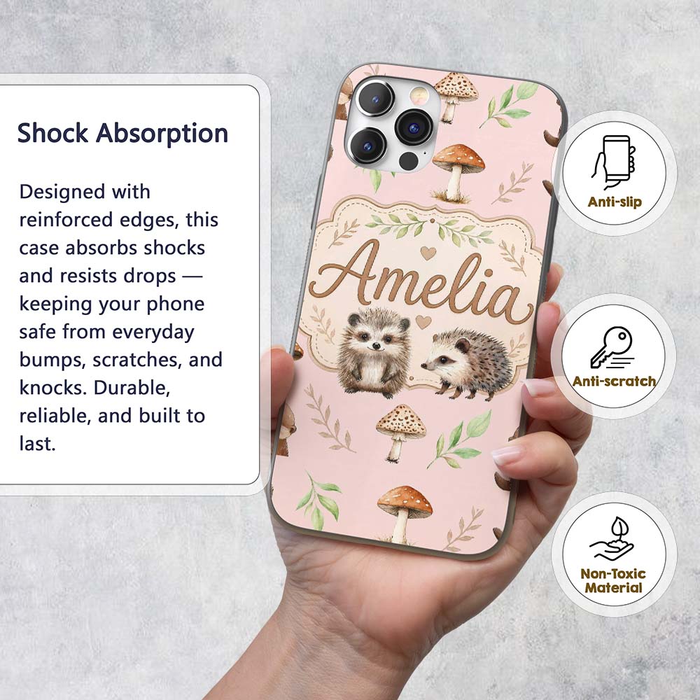Cute Woodland Hedgehog Mushrooms Leaves Seamless Custom Name Protective Phone Case Mobile Cover Durable Everyday Smartphone Shock Resistant
