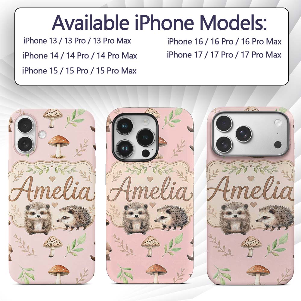 Cute Woodland Hedgehog Mushrooms Leaves Seamless Custom Name Protective Phone Case Mobile Cover Durable Everyday Smartphone Shock Resistant