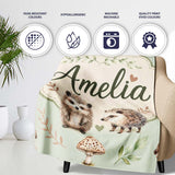 Cute Woodland Hedgehog Mushrooms Leaves Seamless Pattern Dusty Pink  Personalised Custom Name Super Soft Fleece Blanket Bed Sofa Throw