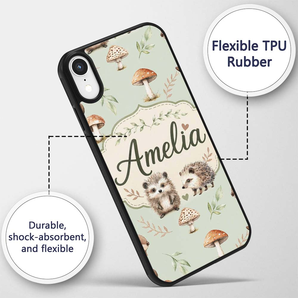 Cute Woodland Hedgehog Mushrooms Leaves Seamless Custom Name Protective Phone Case Mobile Cover Durable Everyday Smartphone Shock Resistant