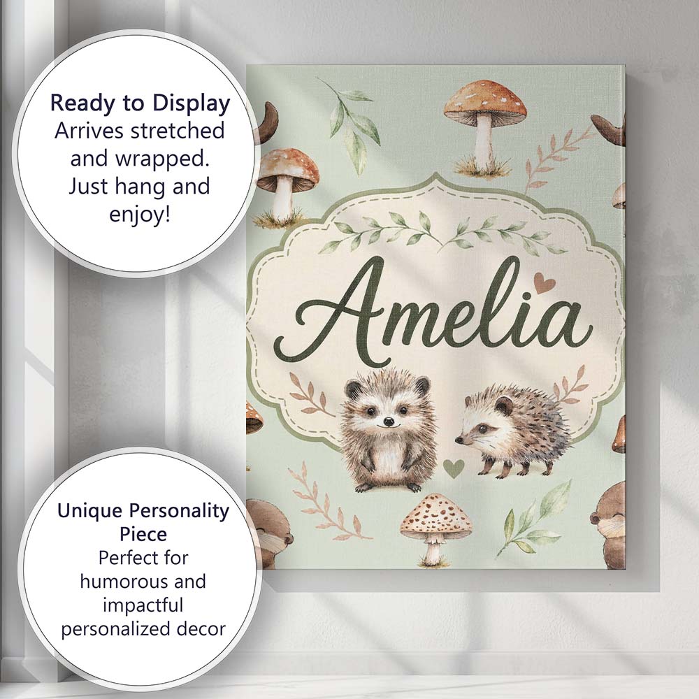 Personalised Name Cute Woodland Hedgehog Custom  Unique Gift Idea Elegant Feature Canvas Wall Art Print Decor Picture Ready to Hang
