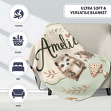 Cute Woodland Hedgehog Mushrooms Leaves Seamless Pattern Dusty Pink  Personalised Custom Name Super Soft Fleece Blanket Bed Sofa Throw