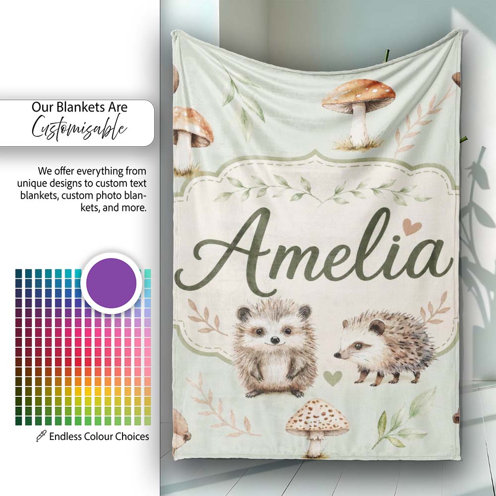 Cute Woodland Hedgehog Mushrooms Leaves Seamless Pattern Dusty Pink  Personalised Custom Name Super Soft Fleece Blanket Bed Sofa Throw