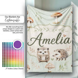 Cute Woodland Hedgehog Mushrooms Leaves Seamless Pattern Dusty Pink  Personalised Custom Name Super Soft Fleece Blanket Bed Sofa Throw