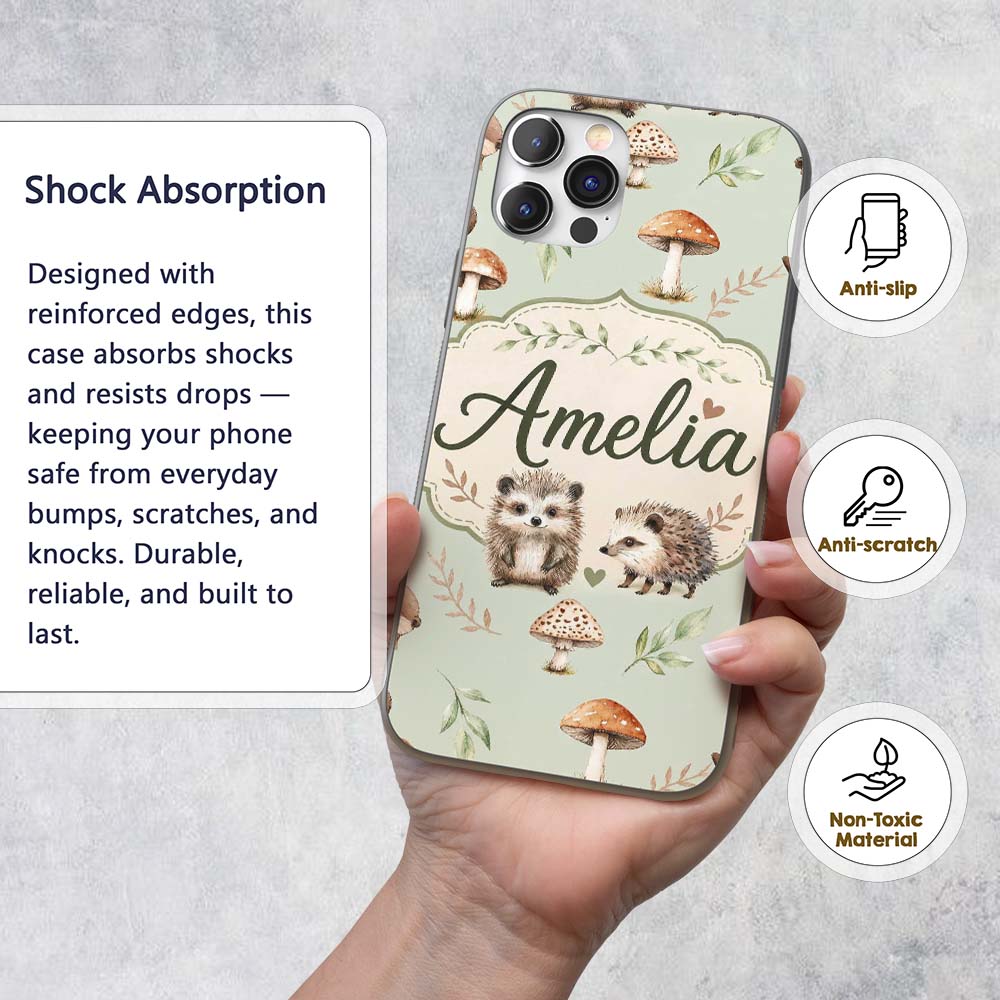Cute Woodland Hedgehog Mushrooms Leaves Seamless Custom Name Protective Phone Case Mobile Cover Durable Everyday Smartphone Shock Resistant